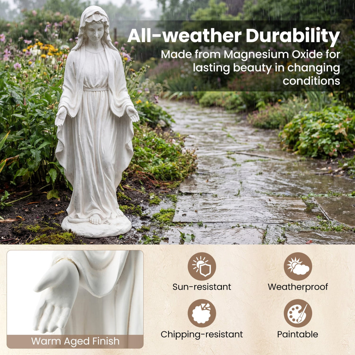 Virgin Mary Statue 29.5 inch Tall Outdoor Religious Sculpture with Aged Finish-White-Outdoor Decor-DECOROLALA