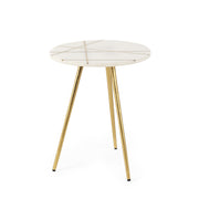 Vivienne 16.0L x 16.0W x 19.0H White Marble W/Antique Gold Metal Round Small Side Table-Accent Tables-DECOROLALA