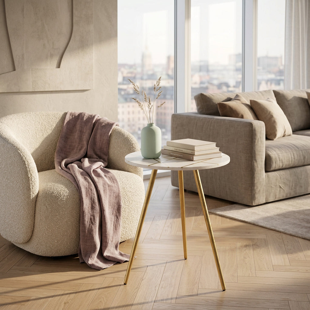 Vivienne Round Accent Table, White Marble and Antique Gold-Accent Tables-DECOROLALA