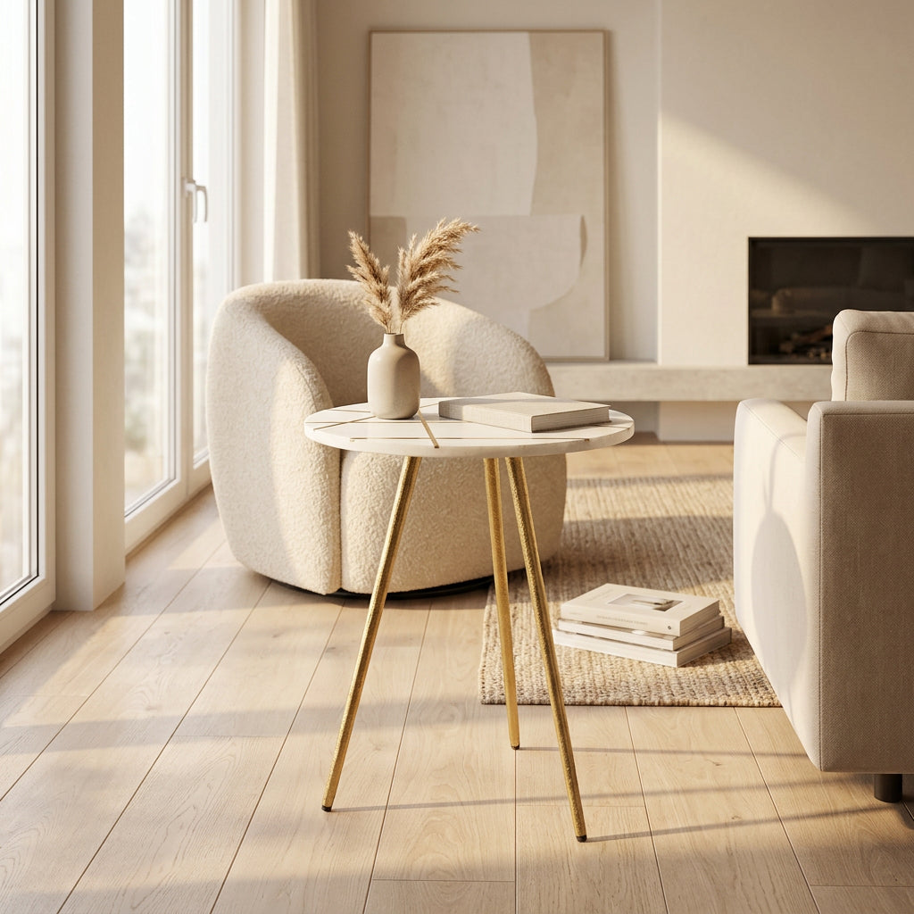 Vivienne Round Side Table - White Marble and Antique Gold-Accent Tables-DECOROLALA