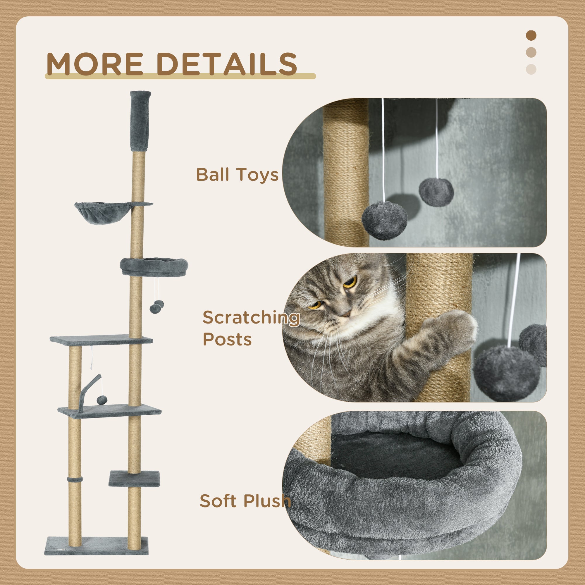 Floor to Ceiling Cat Tree, 90.5" - 98.5" Cat Tower with Scratching Post, Dangling Balls, Platforms, Bed, Hammock, Grey