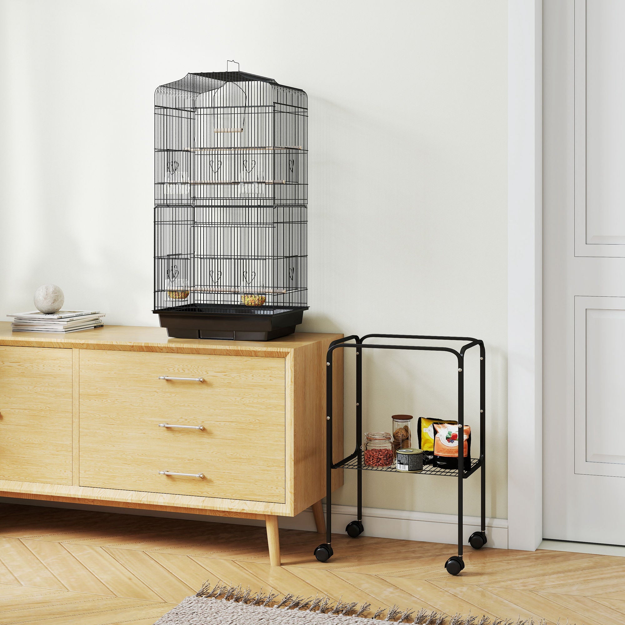 62" Rolling Bird Cage Cockatoo House Play Top Finch Pet Supply with Storage Shelf, Wheels - Black