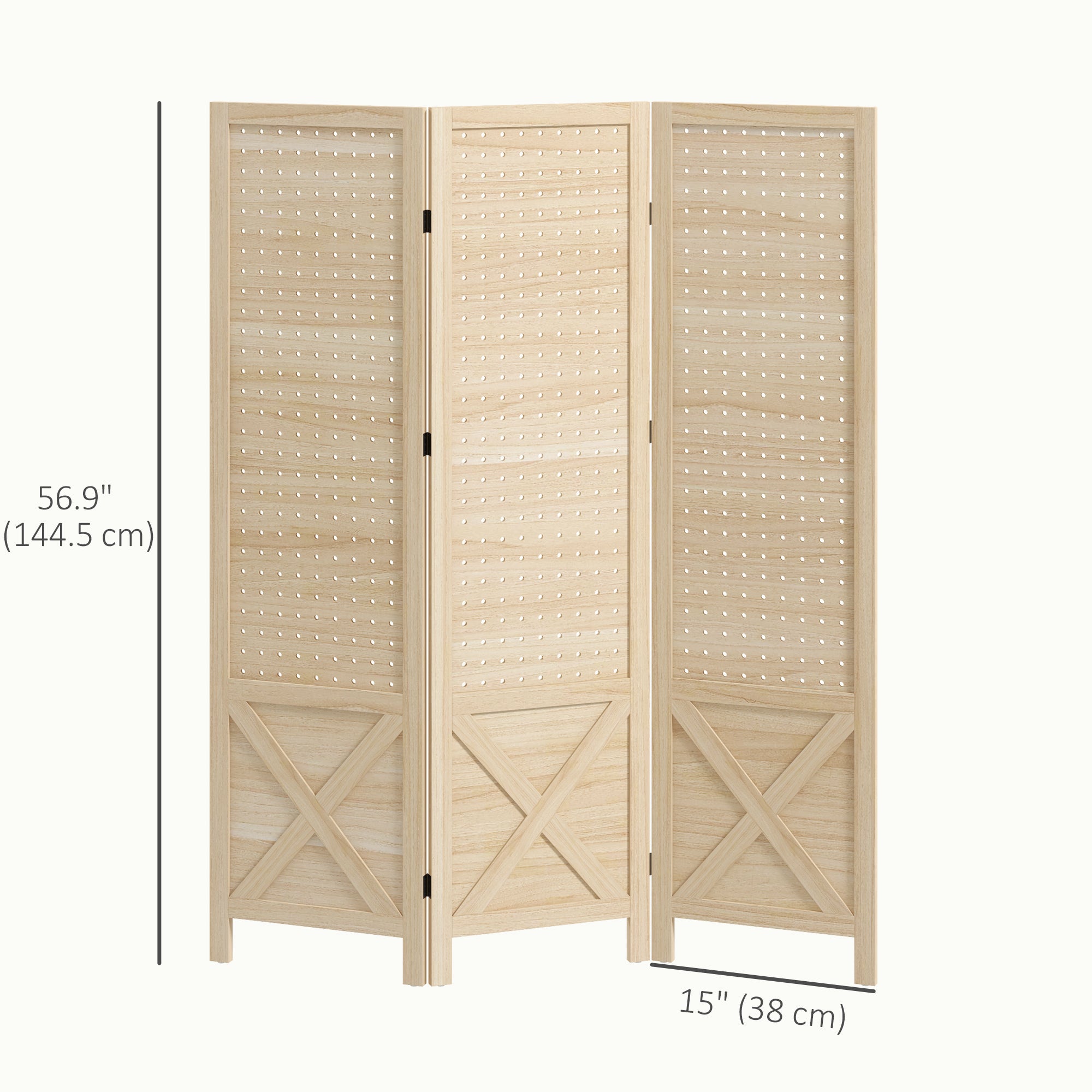 4.7' 3 Panel Wooden Room Divider with Pegboard Display, Folding Privacy Screen for Home Office, Natural