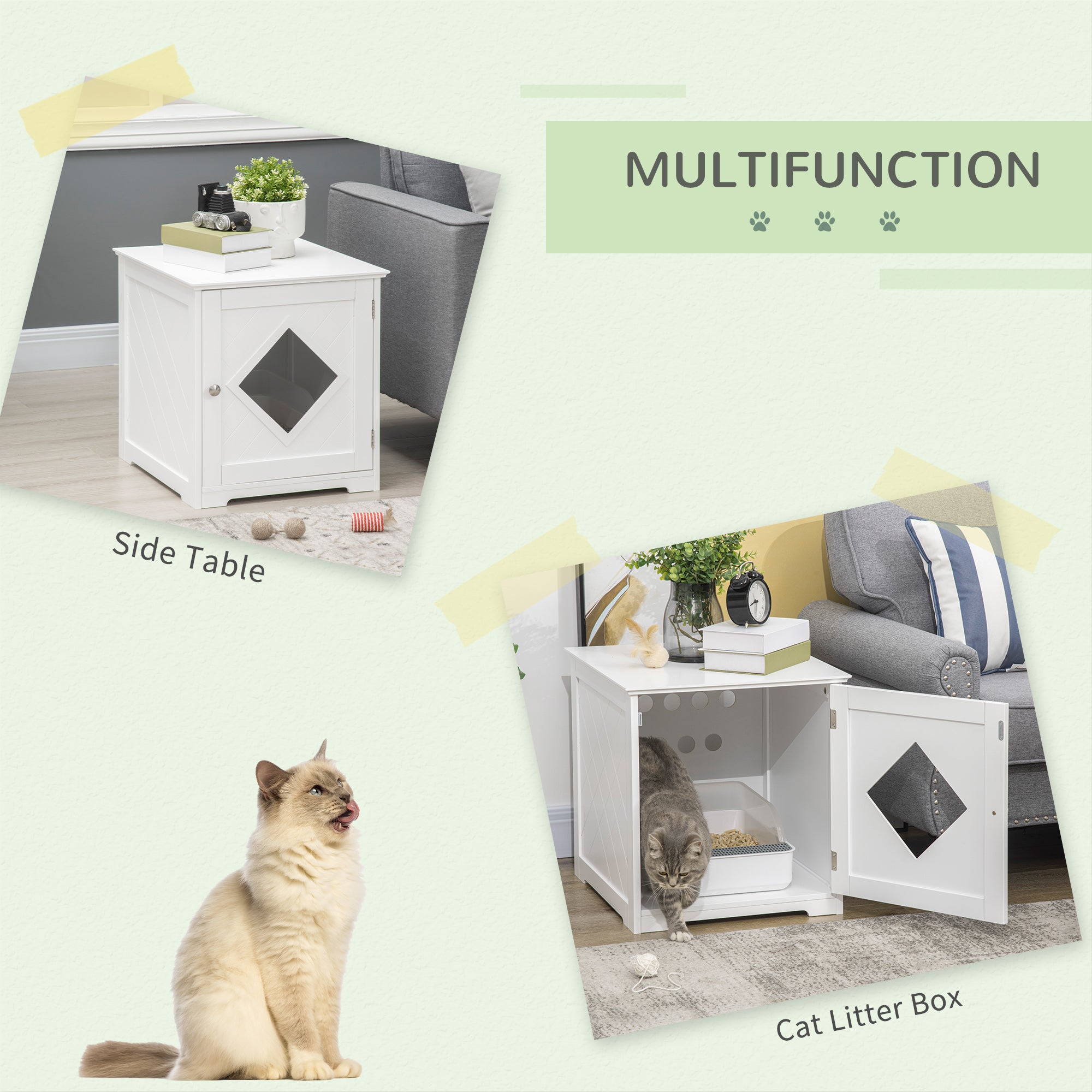 Meuble d’appoint avec bac à litière pour chat, toilettes intérieures pour chat avec porte magnétique, table de chevet dissimulant le bac à litière avec grand plateau, montage facile, blanc