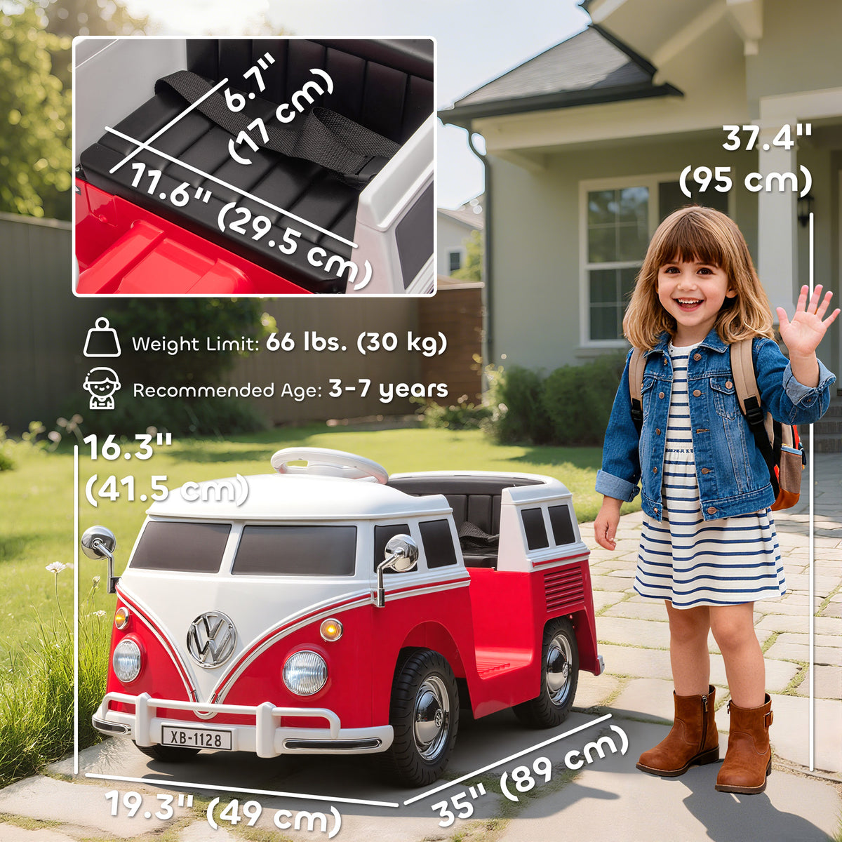 12V Kids Ride on Car, Lisensed Volkswagen T1 Electric Vehicle with Dual Motor and Soft Start for 3-7 Years, Red-Toys & Games > Baby & Toddler Toys > Electric Ride-On Toys > Electric Toy Cars-DECOROLALA