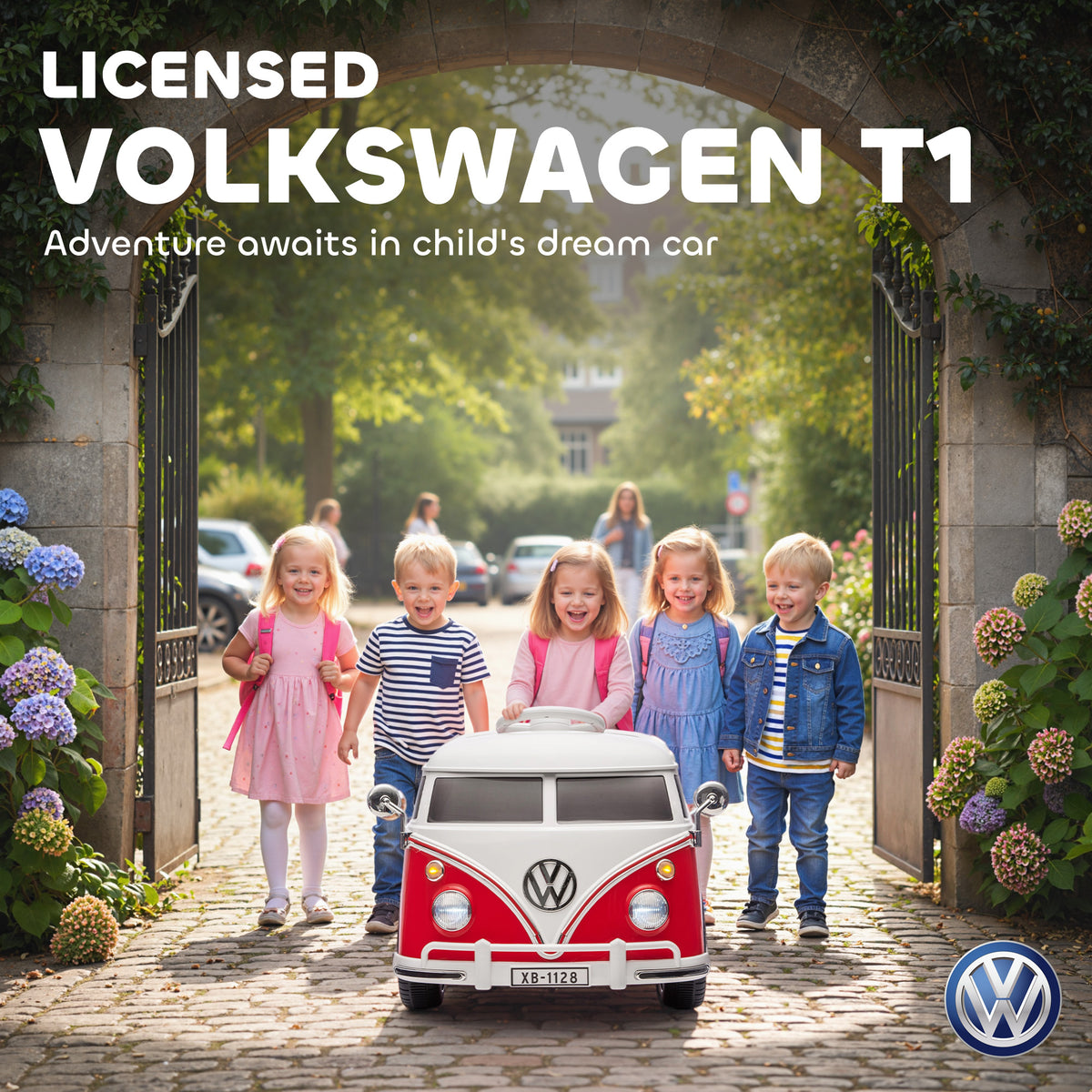 12V Kids Ride on Car, Lisensed Volkswagen T1 Electric Vehicle with Dual Motor and Soft Start for 3-7 Years, Red-Toys & Games > Baby & Toddler Toys > Electric Ride-On Toys > Electric Toy Cars-DECOROLALA