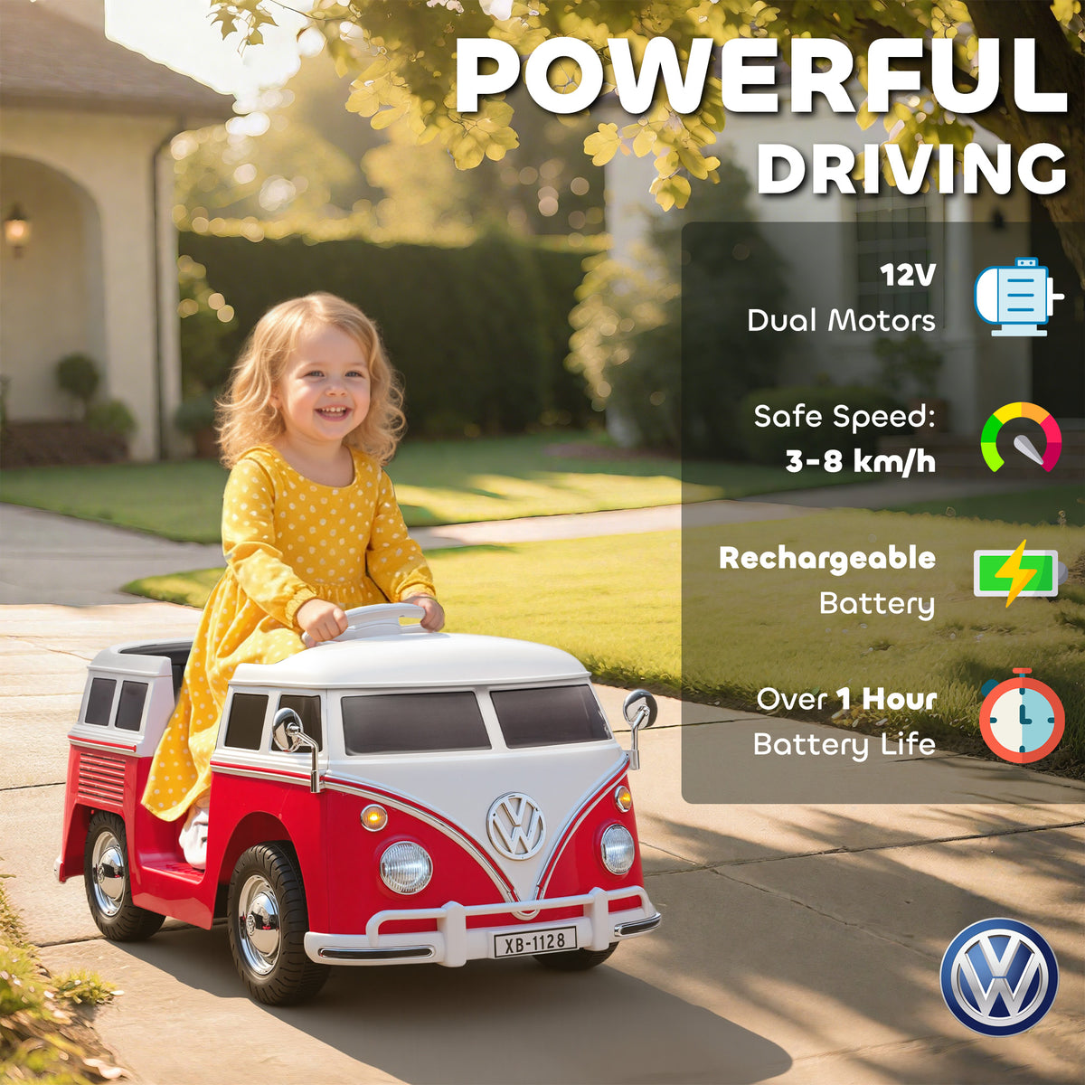 12V Kids Ride on Car, Lisensed Volkswagen T1 Electric Vehicle with Dual Motor and Soft Start for 3-7 Years, Red-Toys & Games > Baby & Toddler Toys > Electric Ride-On Toys > Electric Toy Cars-DECOROLALA