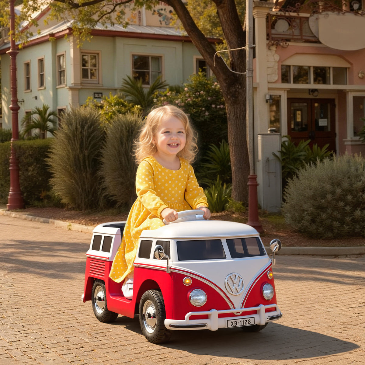 12V Kids Ride on Car, Lisensed Volkswagen T1 Electric Vehicle with Dual Motor and Soft Start for 3-7 Years, Red-Toys & Games > Baby & Toddler Toys > Electric Ride-On Toys > Electric Toy Cars-DECOROLALA