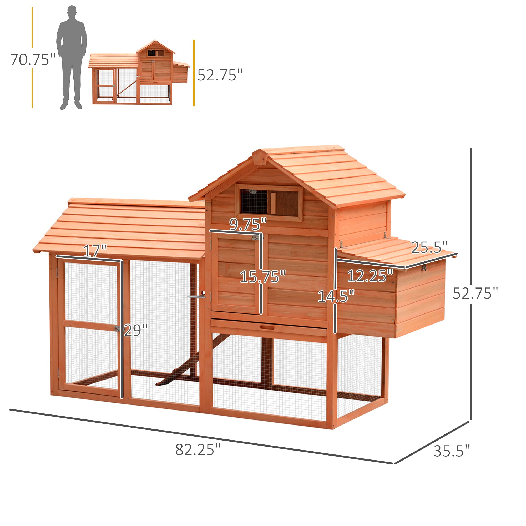 82" Deluxe Chicken Coop Wooden Large Hen House with Run and Nesting Box for Hens Rabbits, Orange