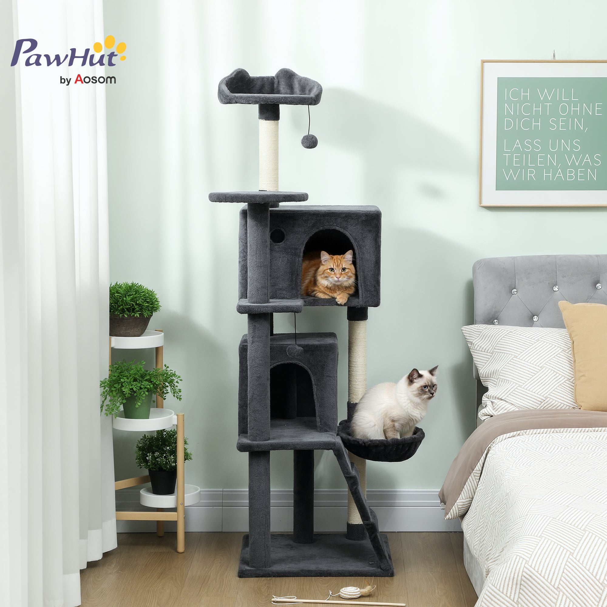 63 Inch Cat Tree with Sisal Scratching Posts, Condos, Plush Perches, Hammock, Ladder, Dangling Balls, Dark Grey