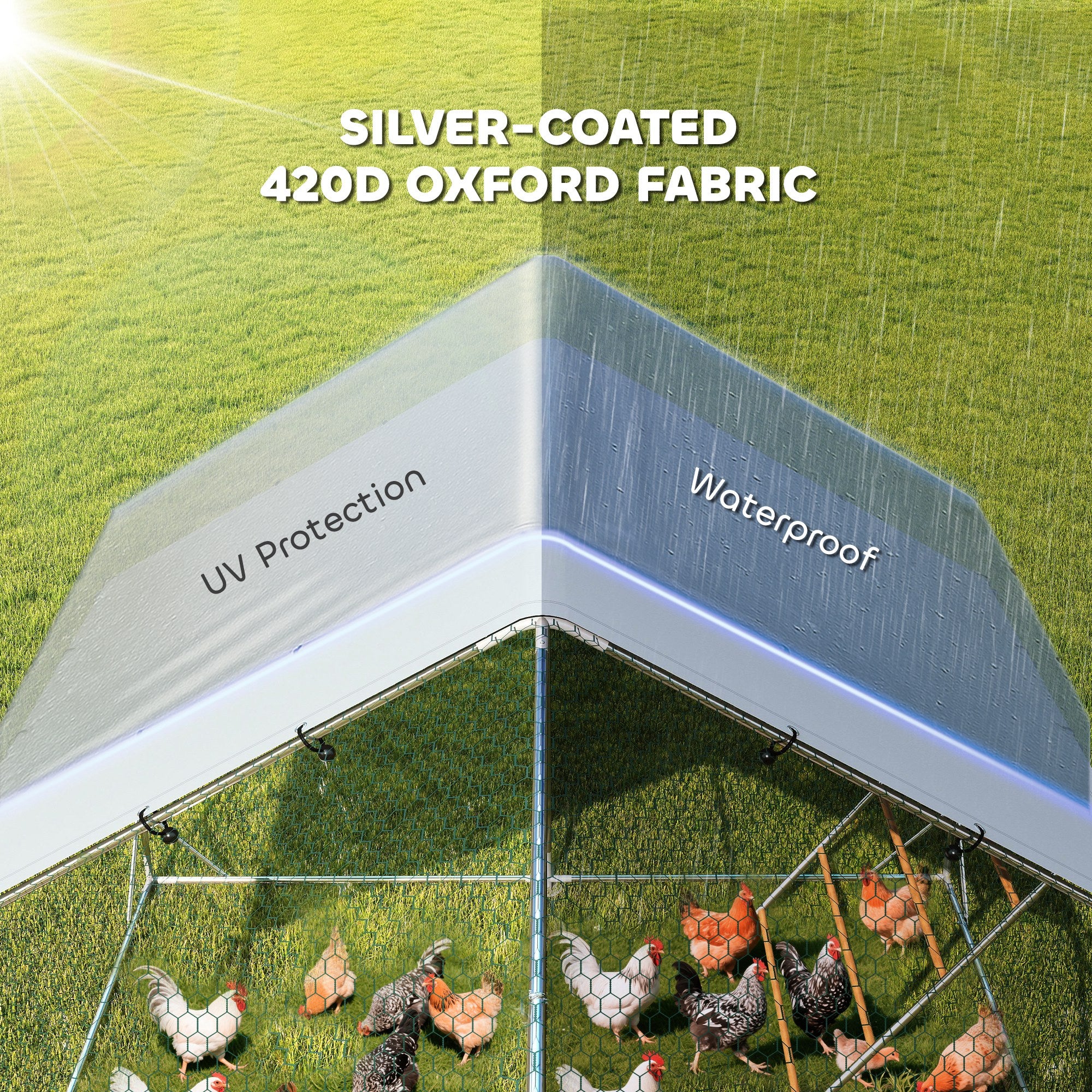 Large Metal Chicken Run with Waterproof & UV-Resistant Cover, Feeding Door, Hanging Feeder, Perch, for 24-30 Chickens
