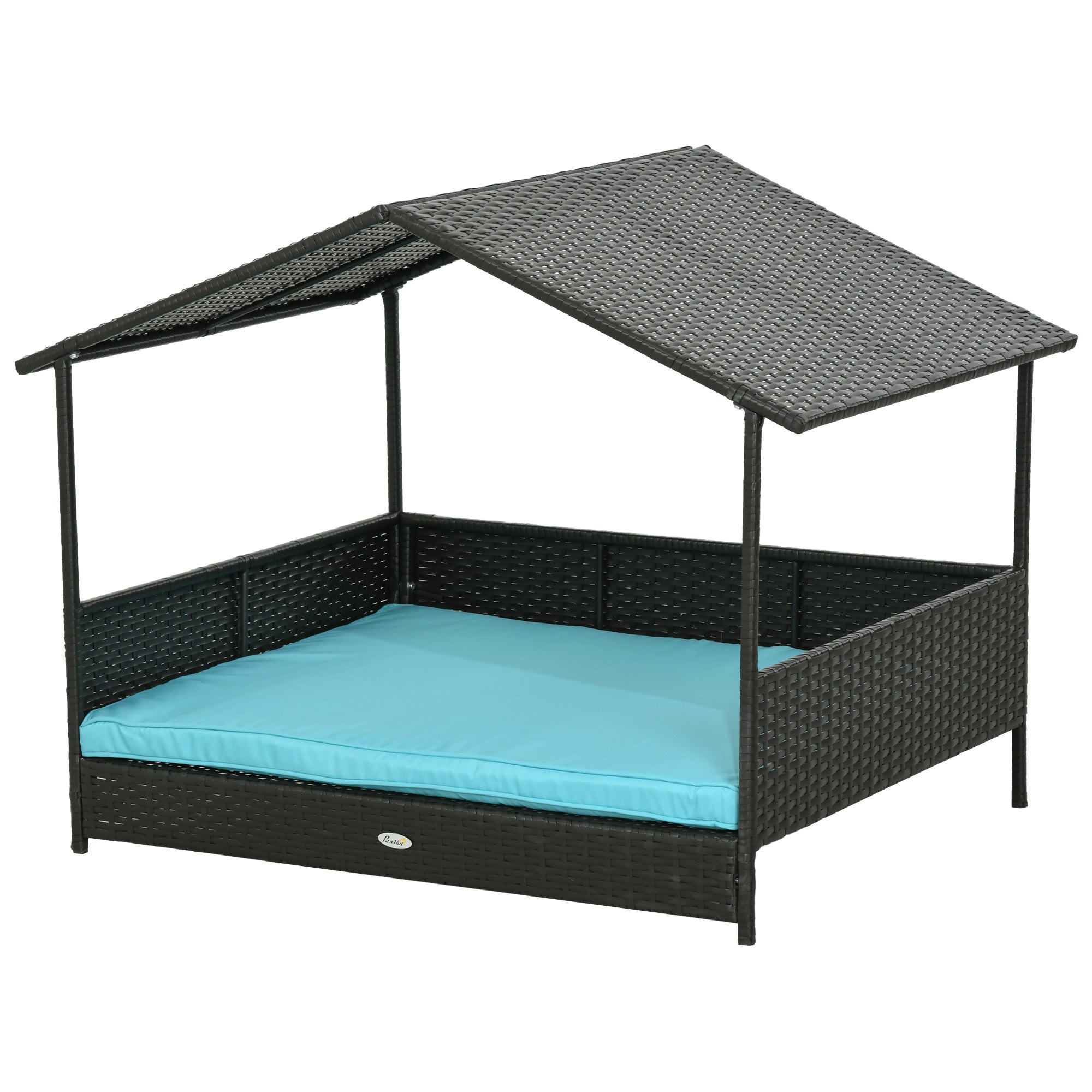 Niche pour chien en rotin avec auvent, panier pour chien en osier avec coussin résistant à l’eau, pour petites et moyennes races, bleu