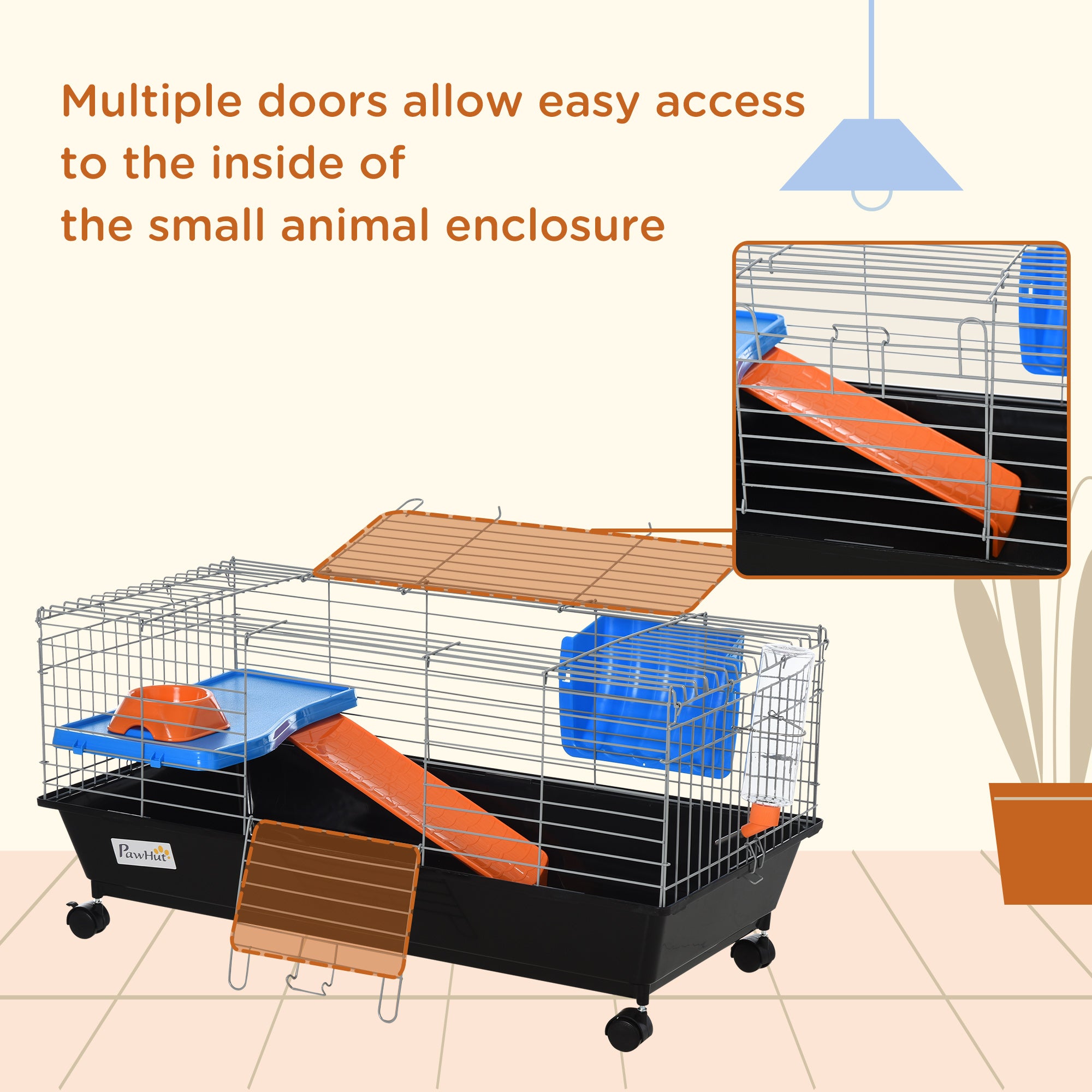 Small Animal Cage, Rolling Bunny Cage, Guinea Pig Cage with Food Dish, Water Bottle, Hay Feeder, Platform, Ramp, Black