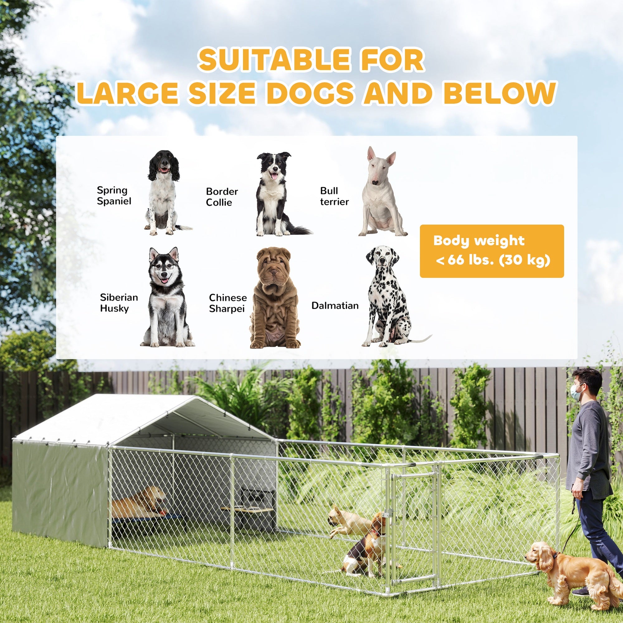 Galvanized Steel Dog Kennel Outdoor with Waterproof & UV-Resistant Cover for Large Dogs, 19.7' x 7.5' x 4.9'