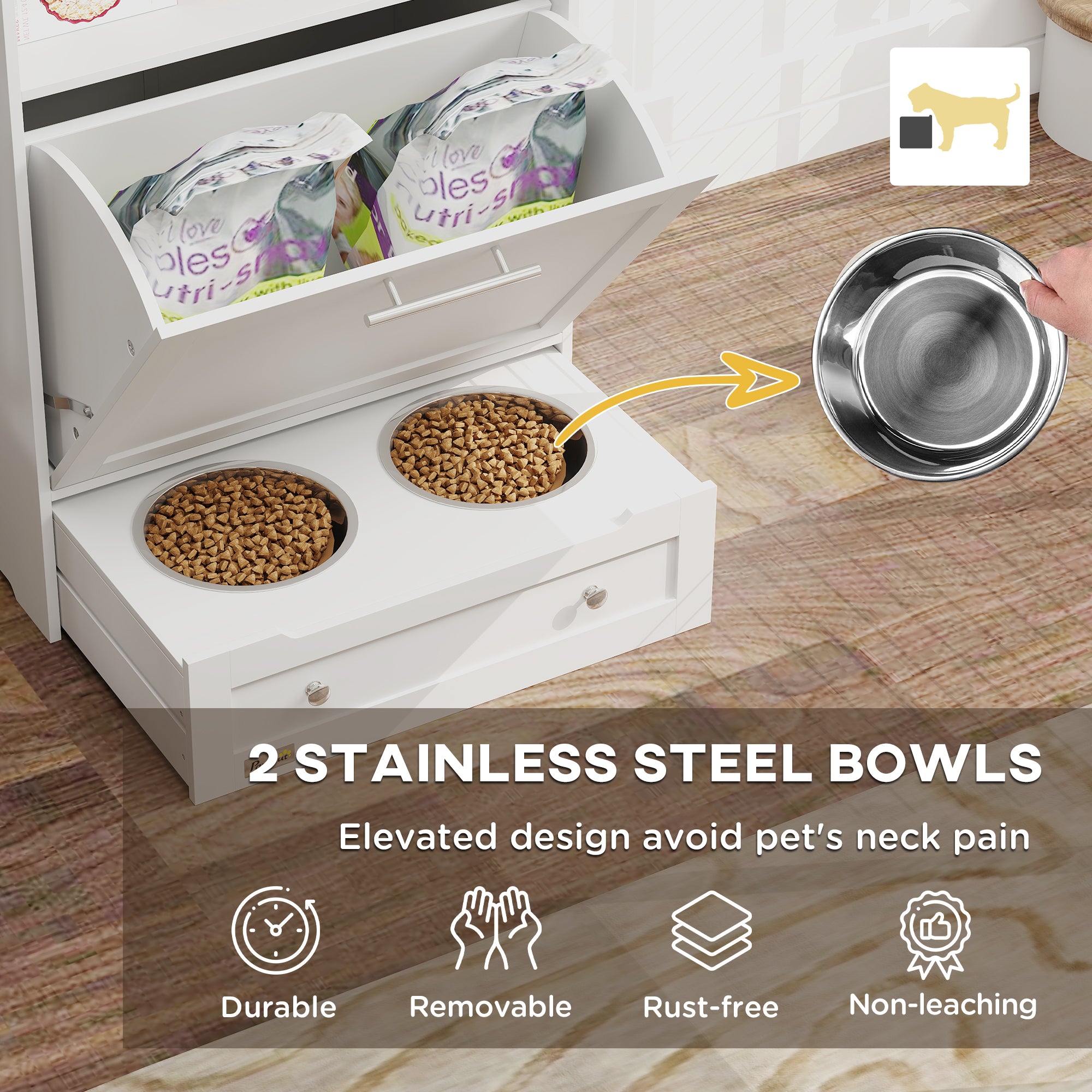 Meuble de rangement pour station d’alimentation des animaux, conteneur de stockage pour nourriture pour chien avec gamelles surélevées pour chien, accessoires d’abreuvement, gris