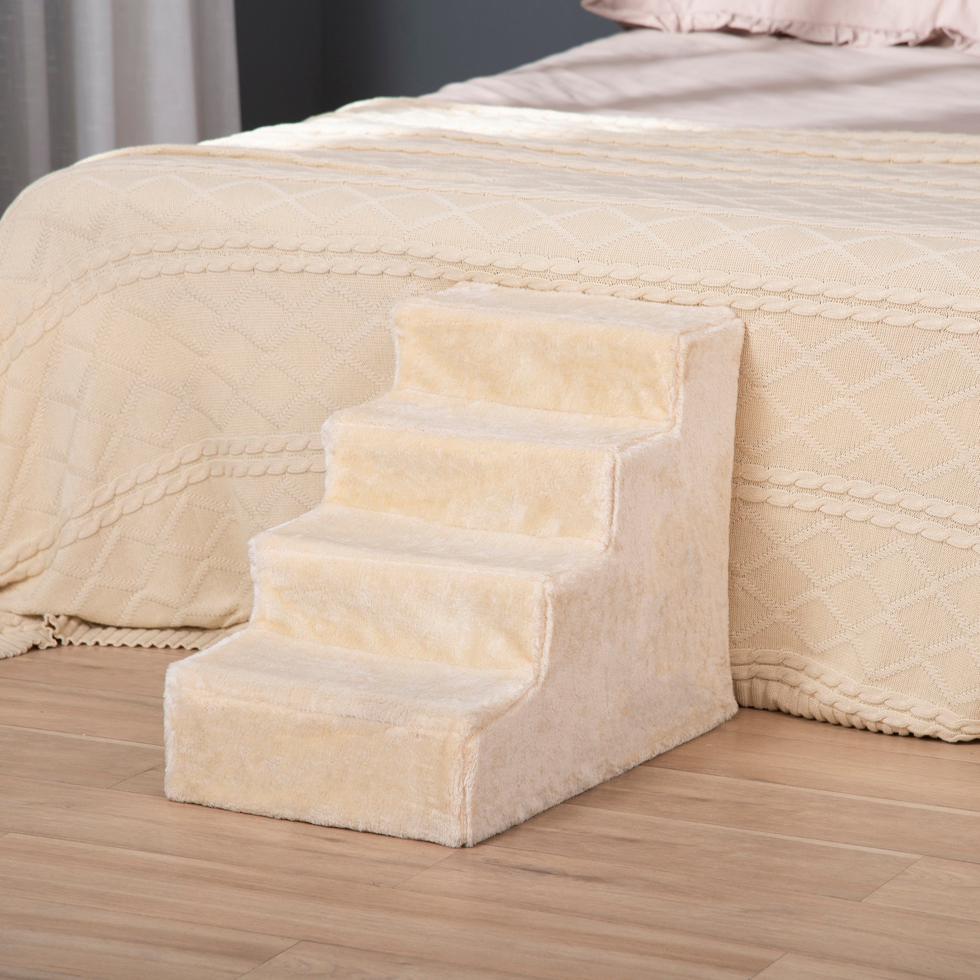 4-Step Dog Ramp for Sofa, Bed, and Couch, with Removable Cover, Beige