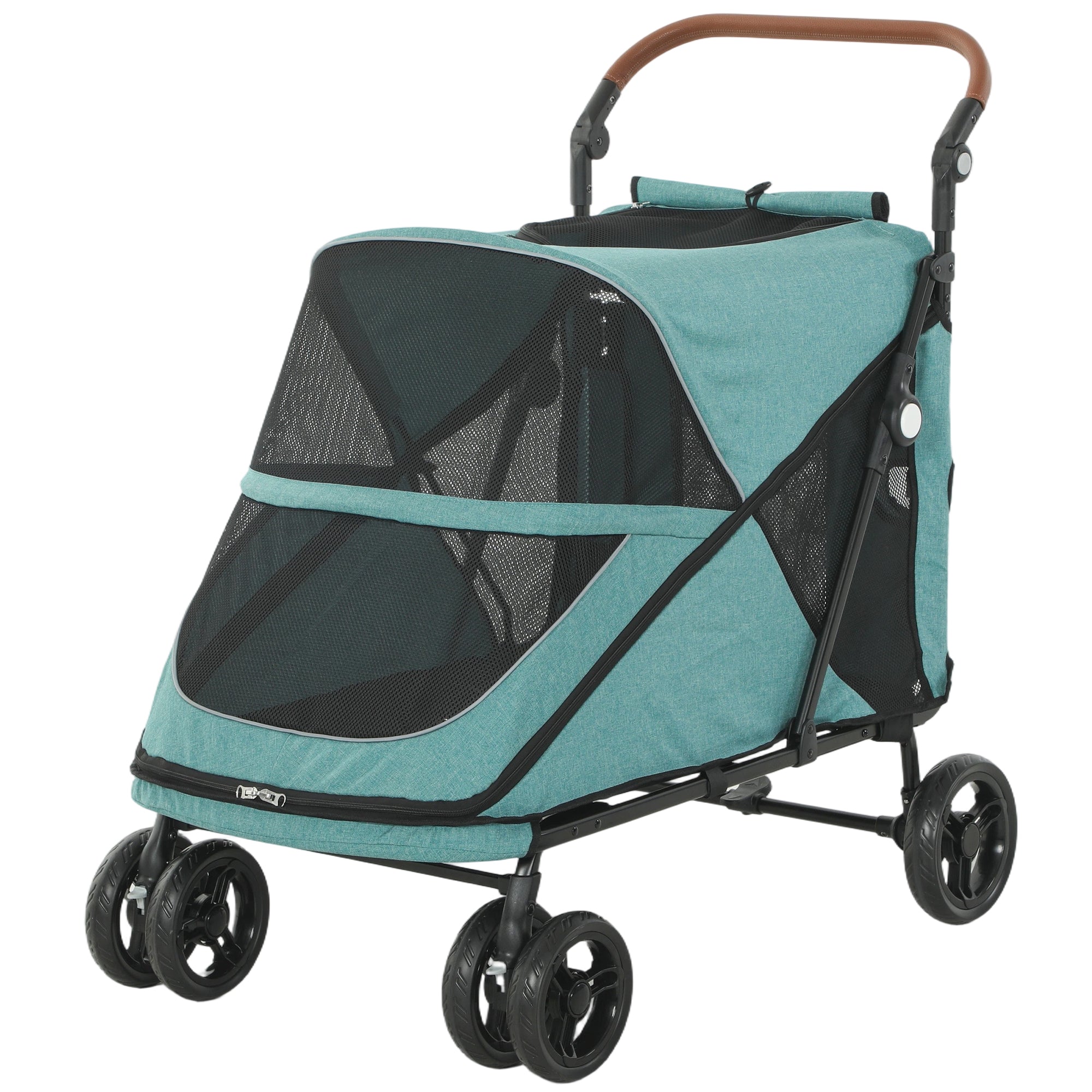 Poussette pour chien pliable facilement, pour grands chiens jusqu’à 66 lb, avec suspension à 4 roues, frein à une pédale et coloris turquoise