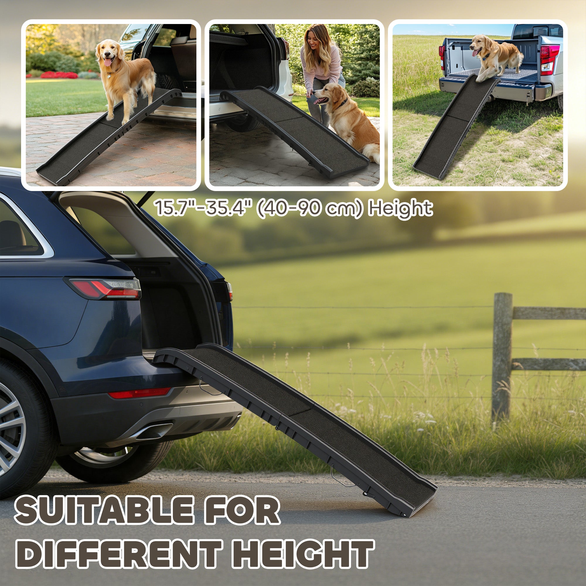 61 Inches Folding Pet Ramp with Frosted Surface, Raised Side Rails, for Cars, SUVs