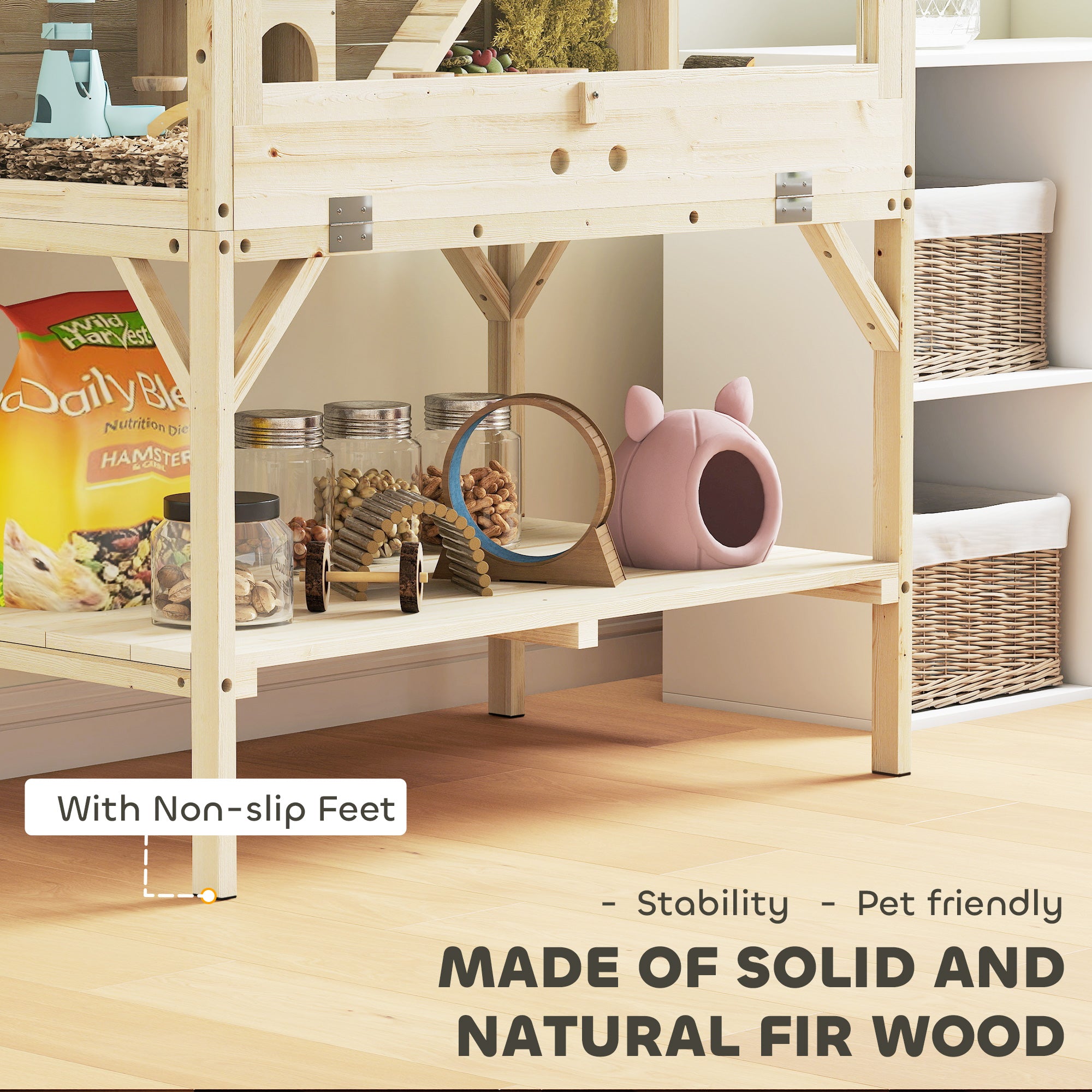 Wooden Hamster Cage with Openable Top, Water Bottle, Transparent Panels for Syrian, Dwarf Hamsters and Gerbils, Natural