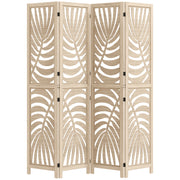 Séparateur de pièce à 4 panneaux, paravents pliants amovibles avec motif de feuilles de palmier pour bureau à domicile, finition bois naturel