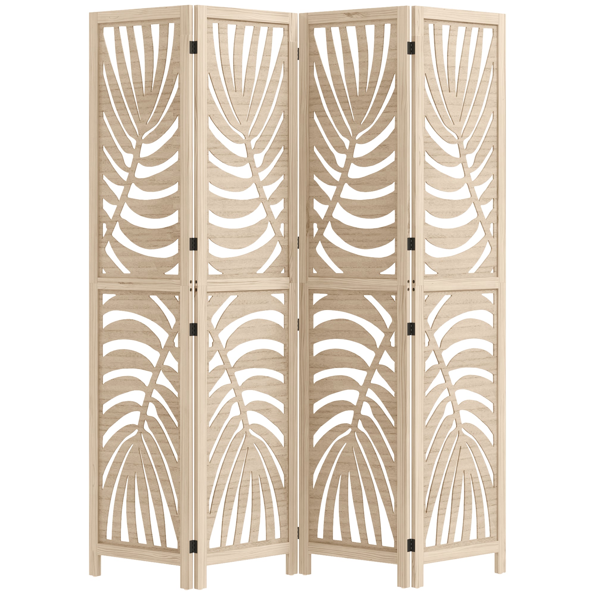 Séparateur de pièce à 4 panneaux, paravents pliants amovibles avec motif de feuilles de palmier pour bureau à domicile, finition bois naturel