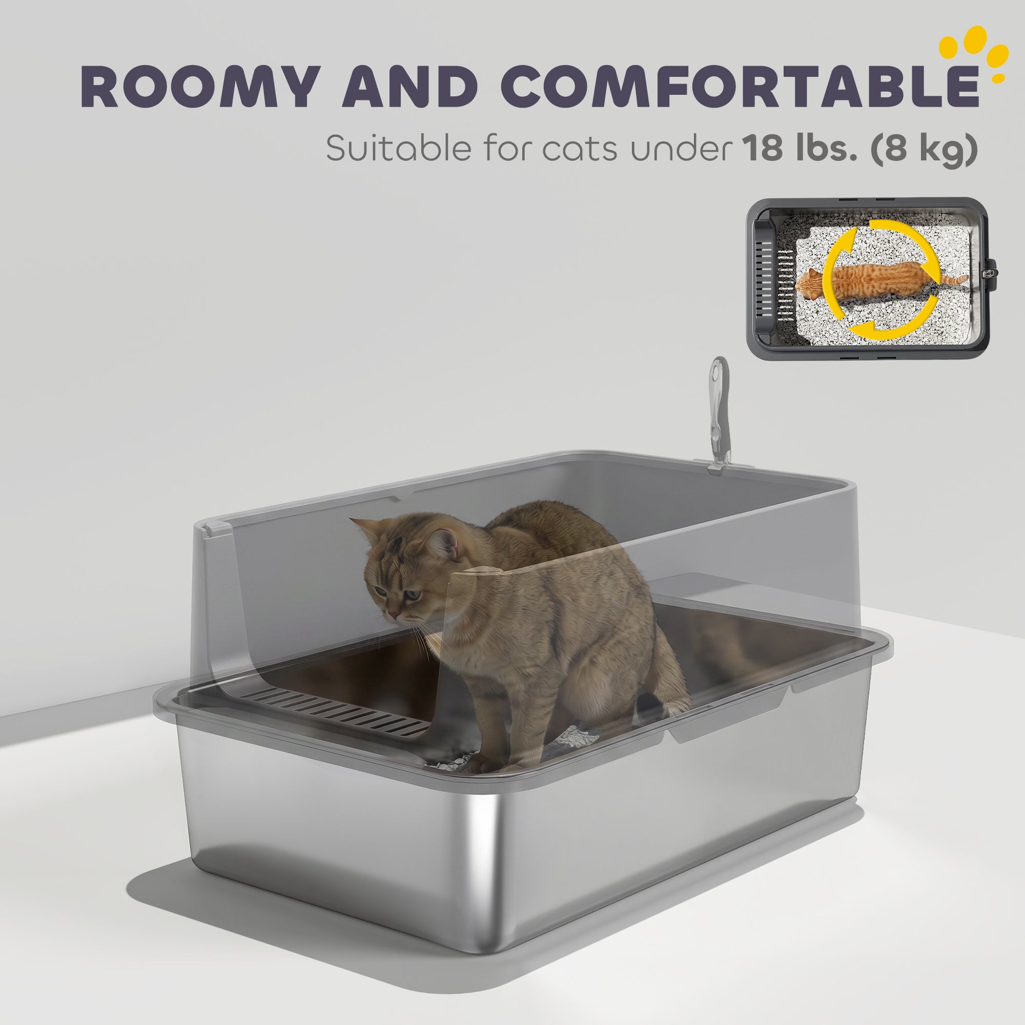 XL Stainless Steel Cat Litter Box for Big and Multiple Cats with High Wall Side, Scoop, Easy Cleaning & Odor Free