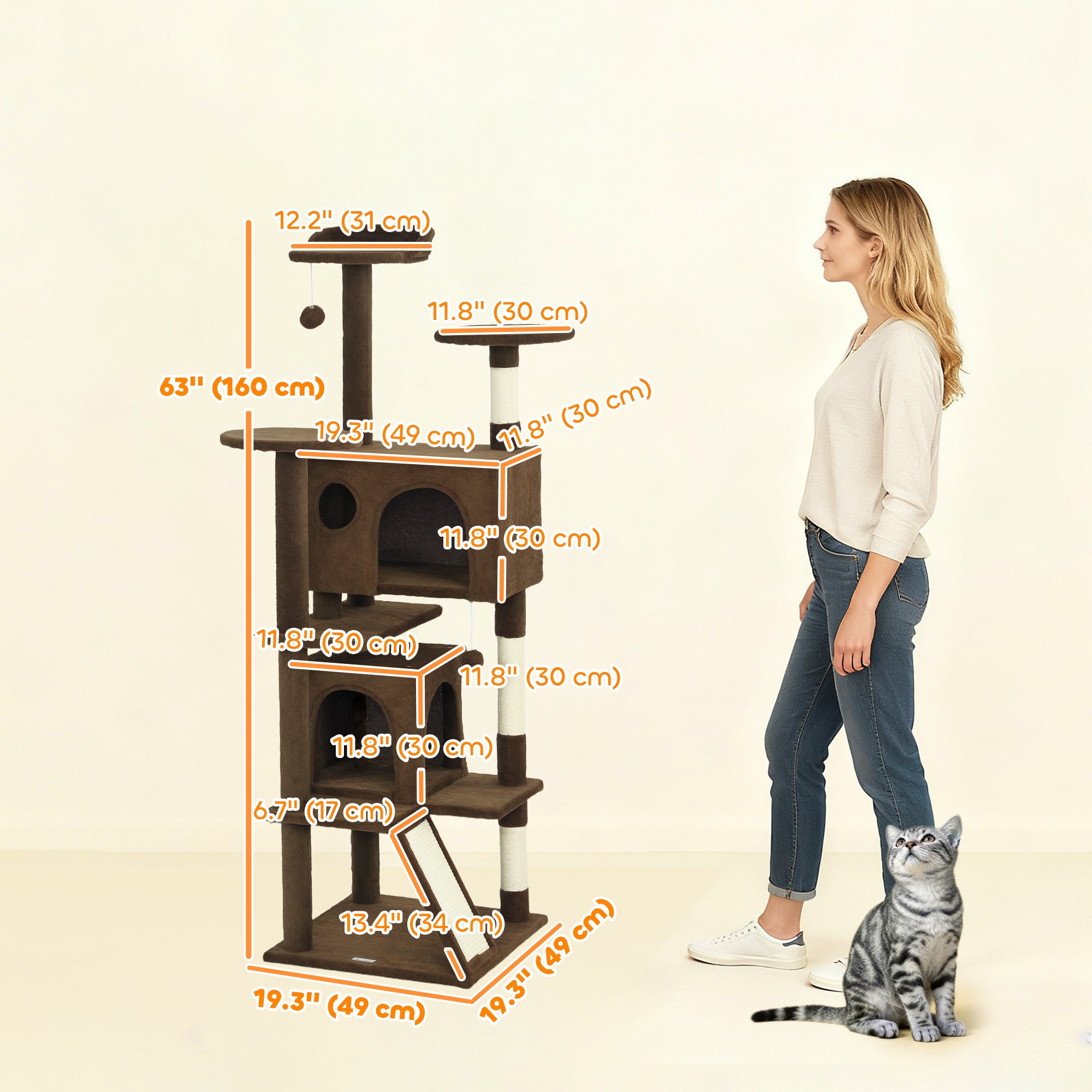 63" Cat Tree, Multi-Level Cat Tower with Scratching Posts, Cat Condos, Bed, Platforms, Ramp, Toy Ball, Light Brown