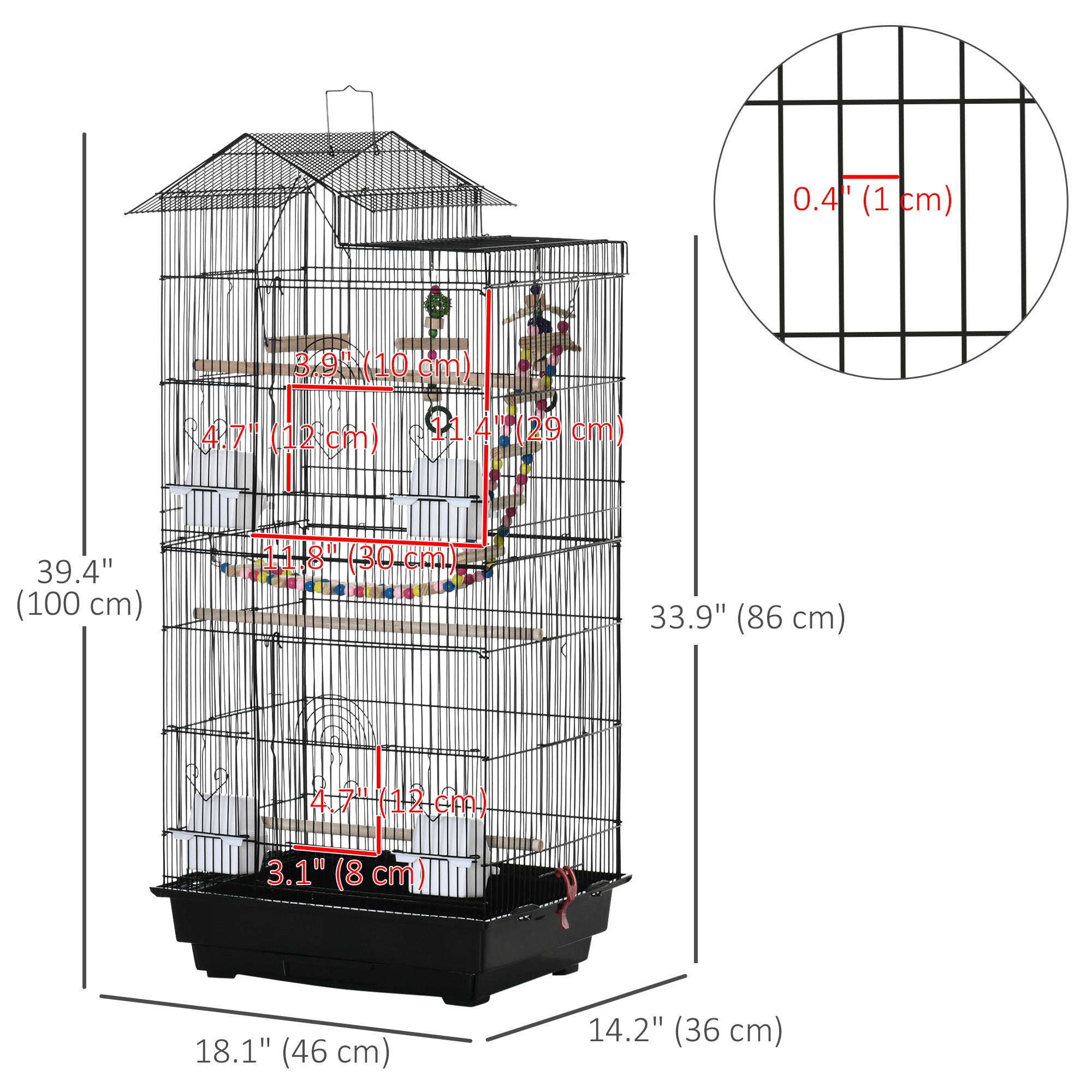39" Bird Cage for Budgie, Cockatiel, Conure, Small Birds, with Ladder, Swing, Toys, Perches, Tray, Feeding Bowls, Handle