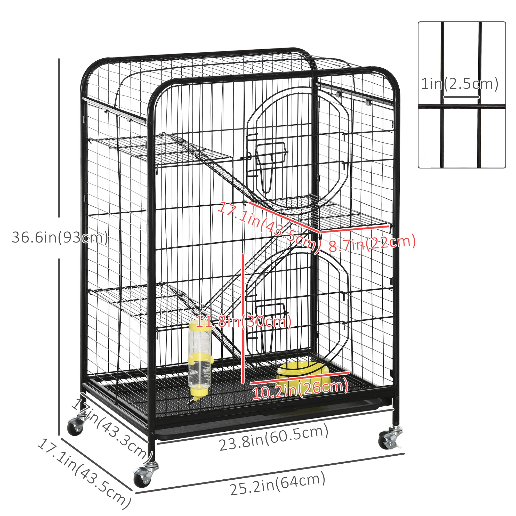Rolling Small Animal Cage 36.6" Pet Rabbit Ferret Playpen, Animal Supply Kit Metal Black for Bunny, Pet Mink, Chinchilla