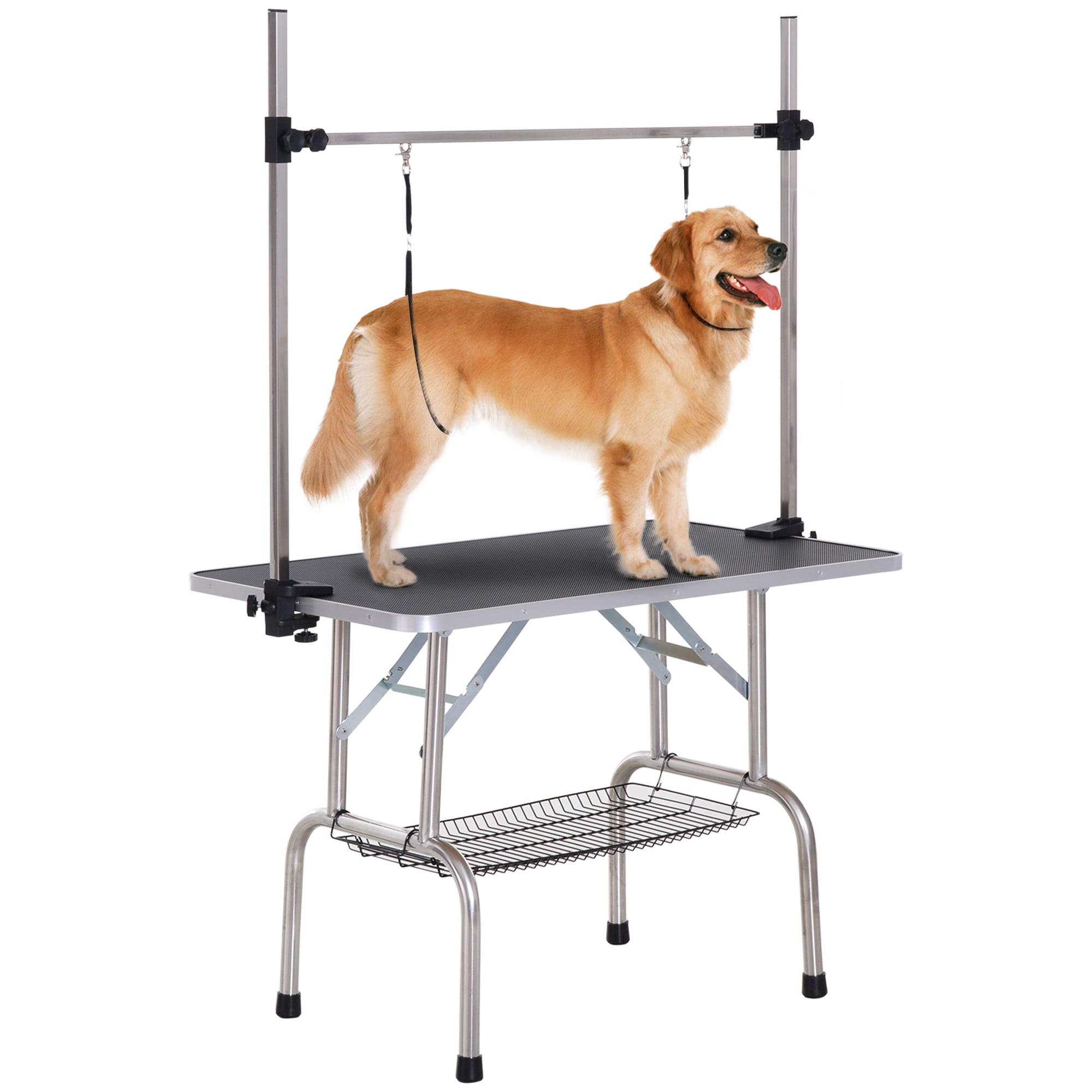 Adjustable Dog Grooming Table with 2 Safety Slings, Storage Basket, Black