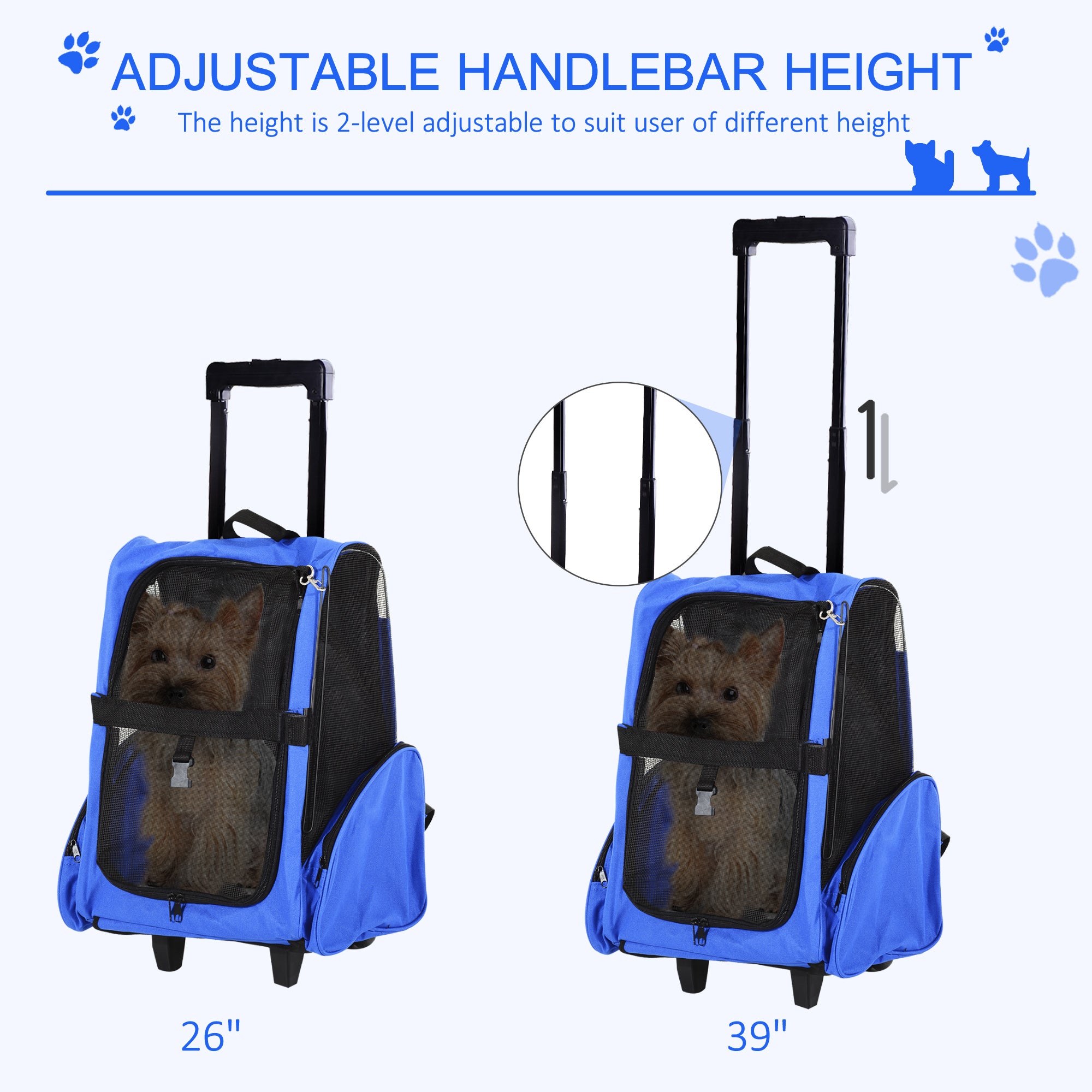 2-IN-1 Pet Luggage Box Backpack Carrier Cats Dogs w/ Handle, Rolling Wheel Blue