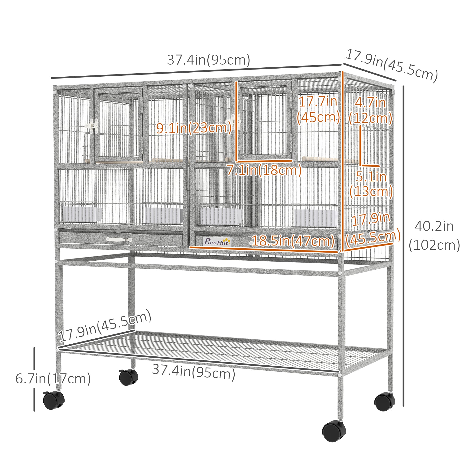 Large Double Rolling Metal Bird Cage Bird House w/ Removable Tray Storage Shelf