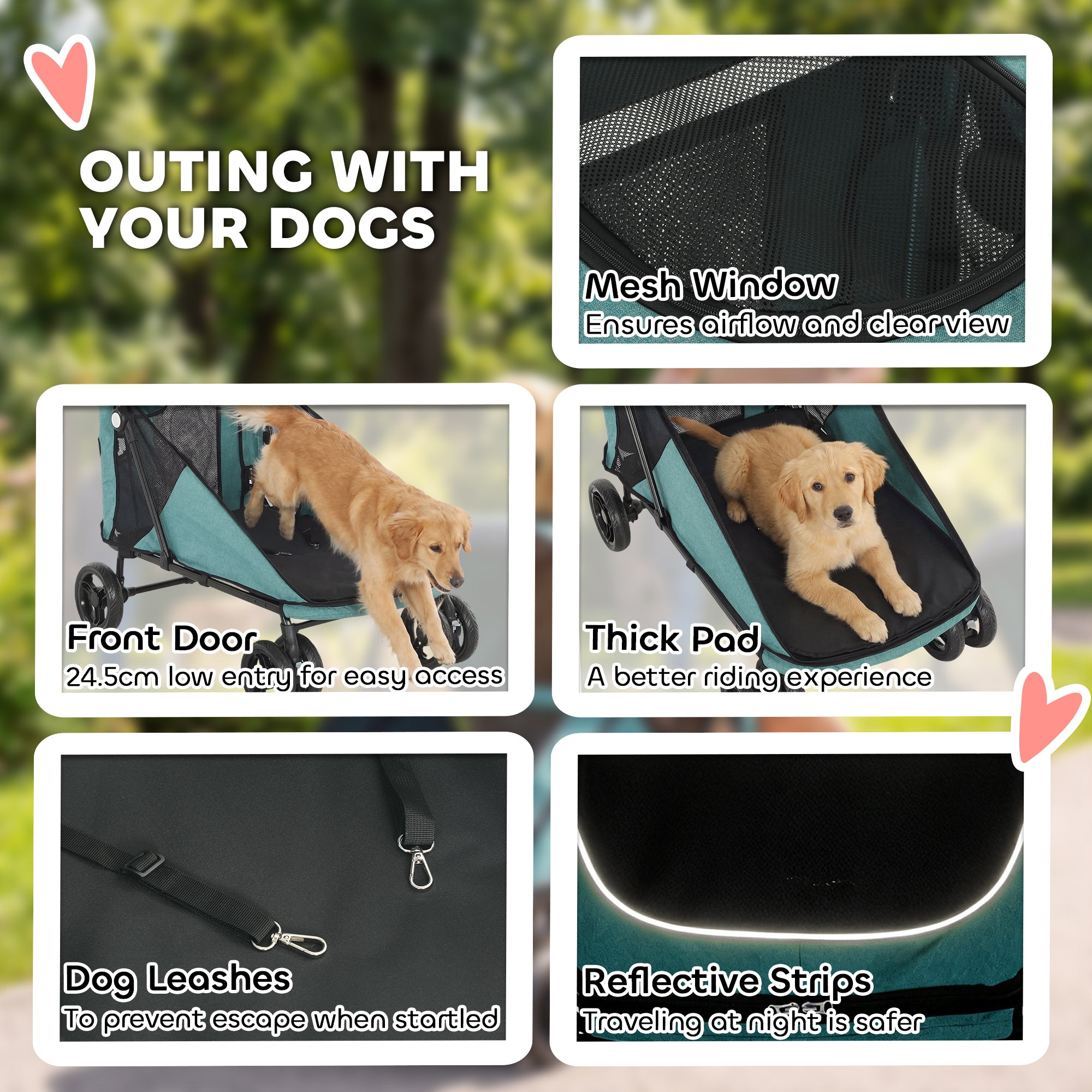 Dog Stroller Easy Fold Pet Stroller for Large Dogs Up to 66lbs with 4-Wheel Shock Absorption & One-Foot Brake Turquoise
