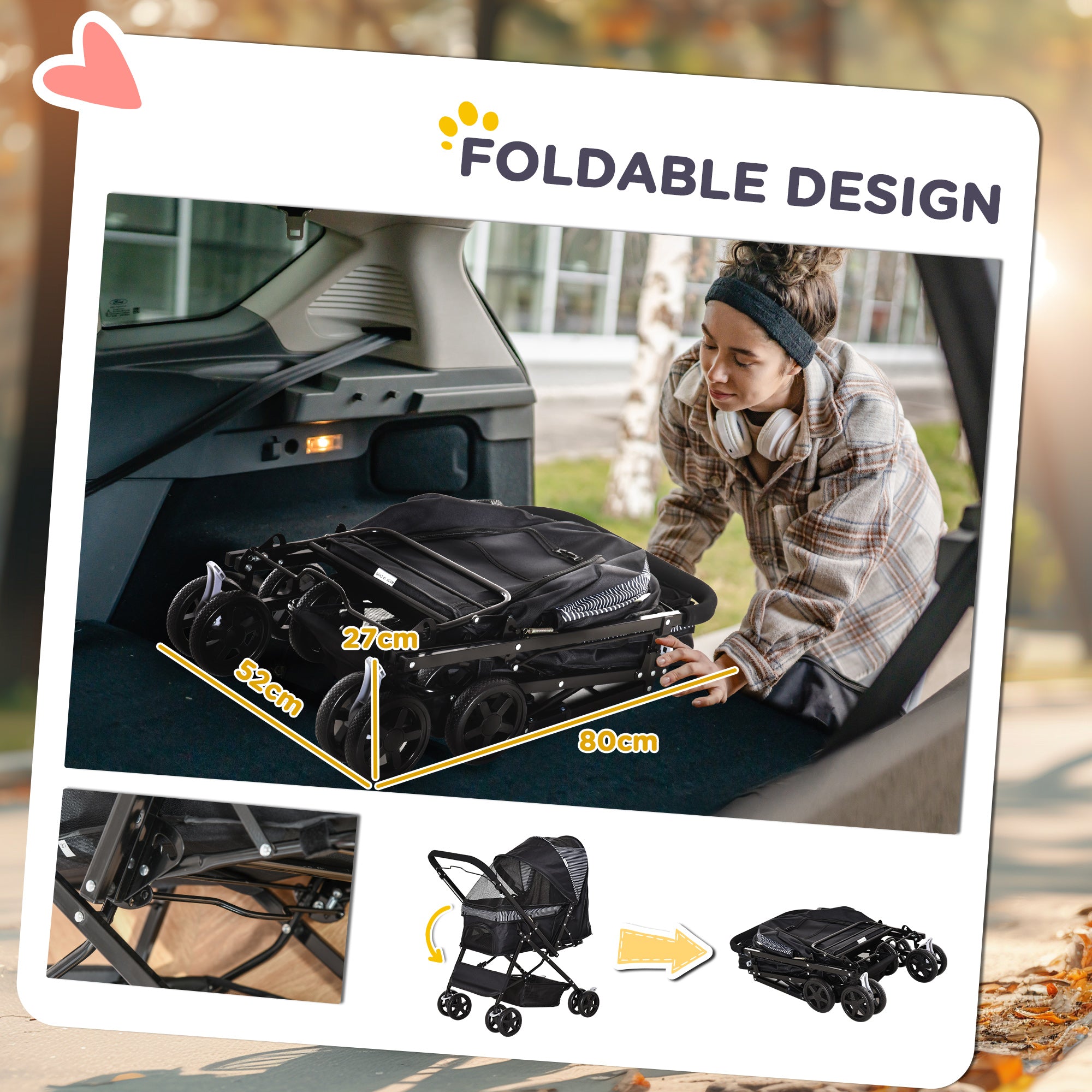 Foldable Cat Dog Travel Carriage, 4 Wheels Pet Stroller with EVA Wheel Brake, 3-stage Canopy, Mesh Window Door, Black