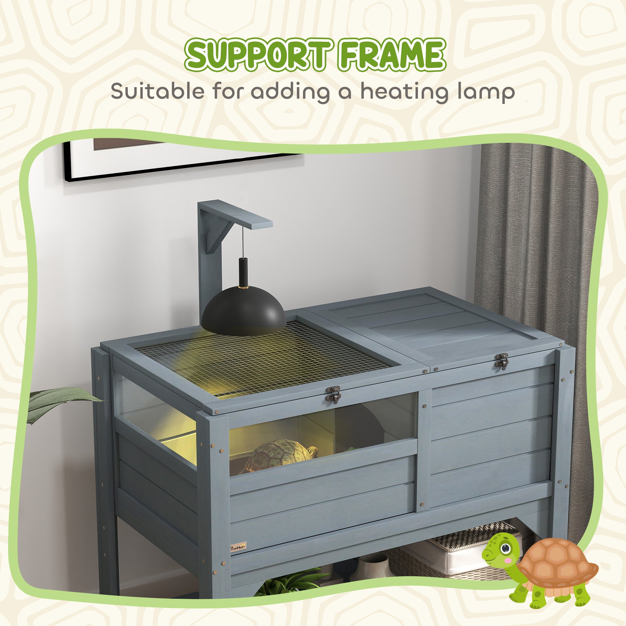Wooden Tortoise House Habitat with Shelf, Light Support Frame, Tray for Indoor Use, 33" L x 20" W x 41" H