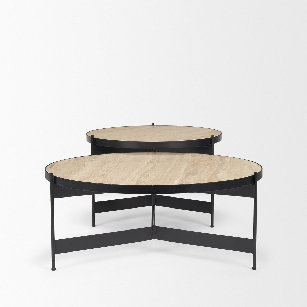Wade Travertine Marble w/ Matte Black Metal Coffee Tables-Coffee Tables-DECOROLALA