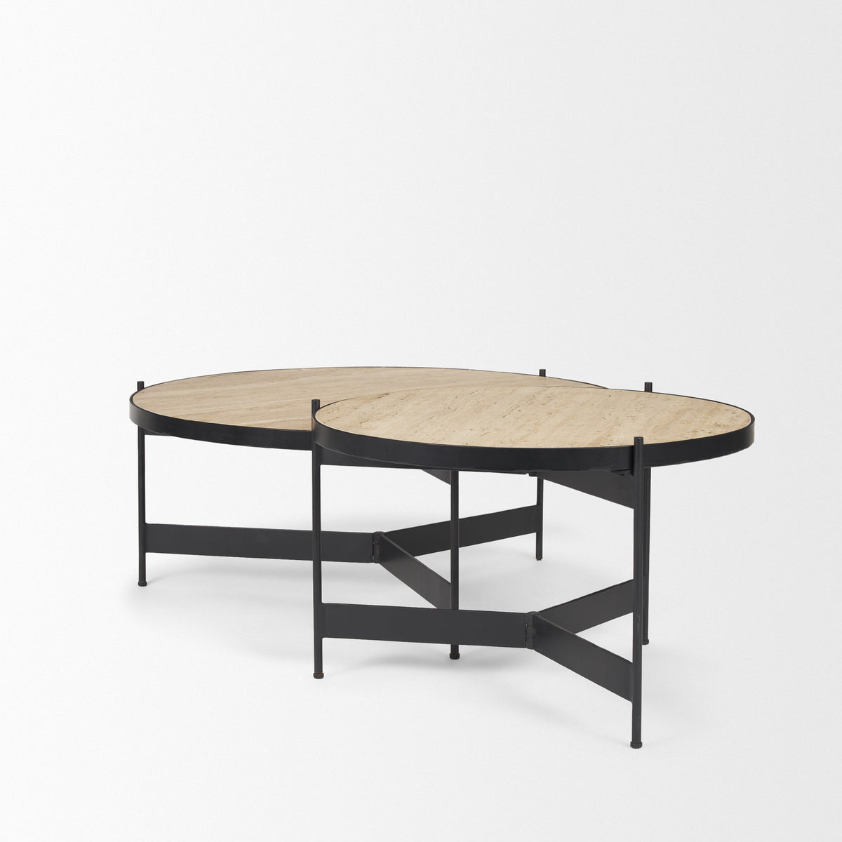 Wade Travertine Marble w/ Matte Black Metal Coffee Tables-Coffee Tables-DECOROLALA