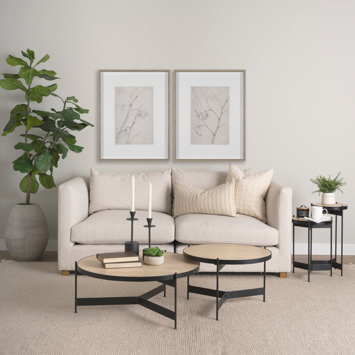 Wade Travertine Marble w/ Matte Black Metal Coffee Tables-Coffee Tables-DECOROLALA