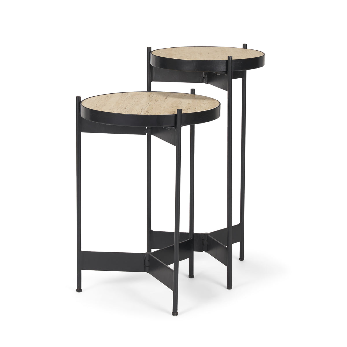 Wade Travertine Marble w/ Matte Black Metal End Tables-End and Side Tables-DECOROLALA