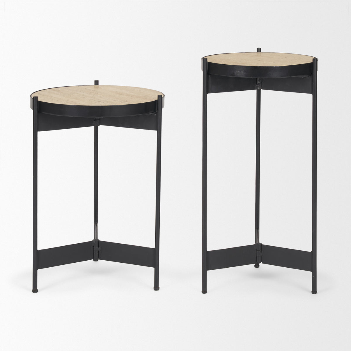 Wade Travertine Marble w/ Matte Black Metal End Tables-End and Side Tables-DECOROLALA