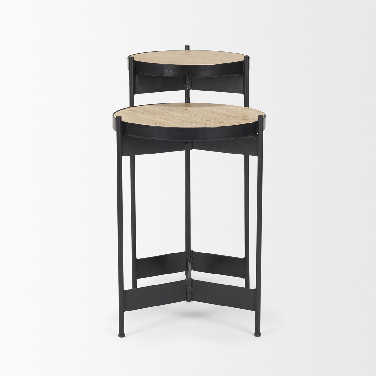 Wade Travertine Marble w/ Matte Black Metal End Tables-End and Side Tables-DECOROLALA