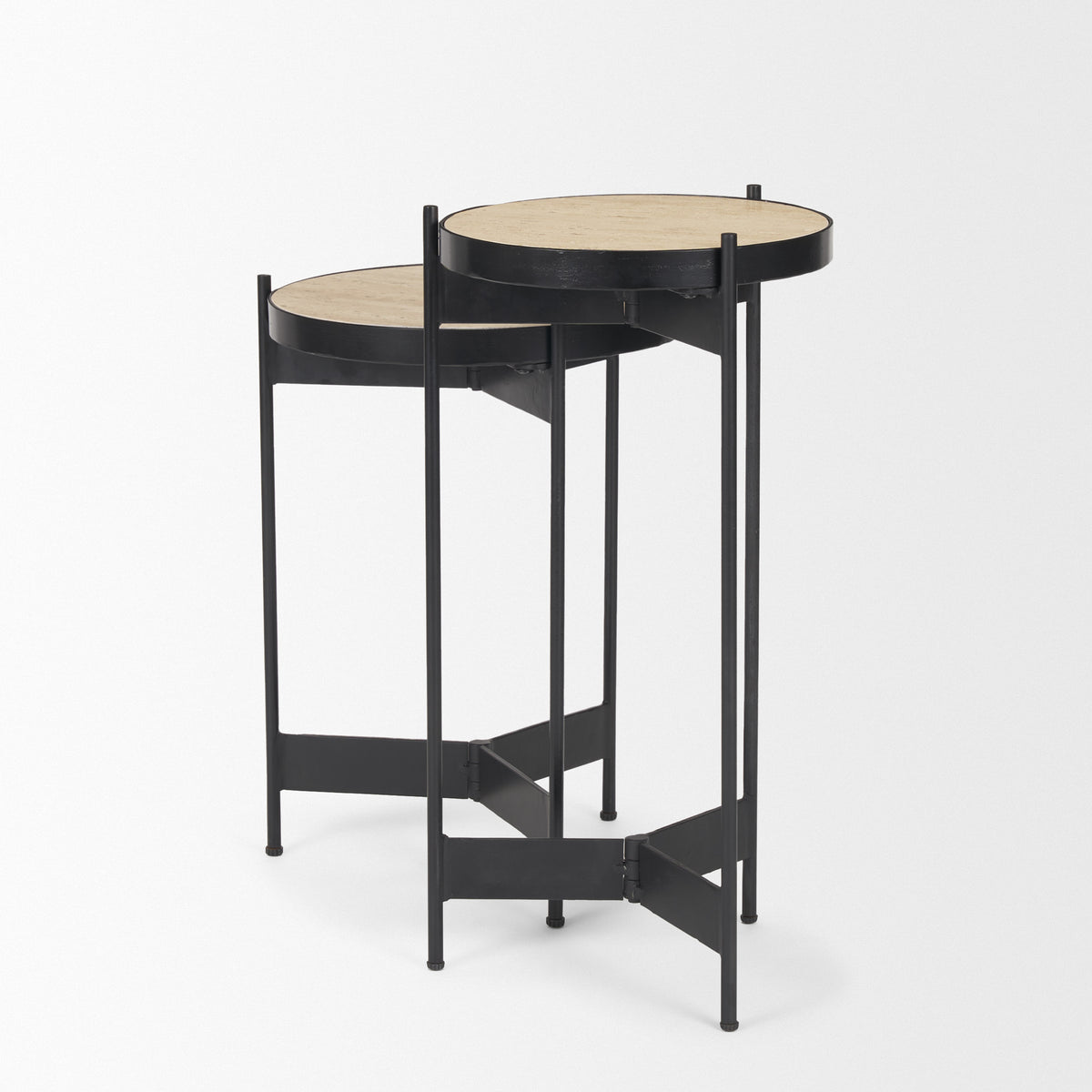 Wade Travertine Marble w/ Matte Black Metal End Tables-End and Side Tables-DECOROLALA