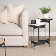 Wade Travertine Marble w/ Matte Black Metal End Tables-End and Side Tables-DECOROLALA