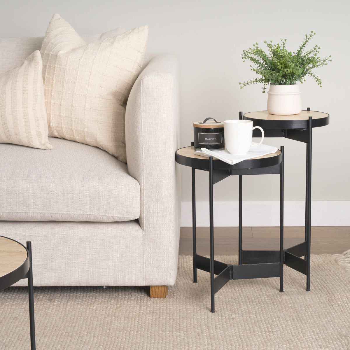 Wade Travertine Marble w/ Matte Black Metal End Tables-End and Side Tables-DECOROLALA