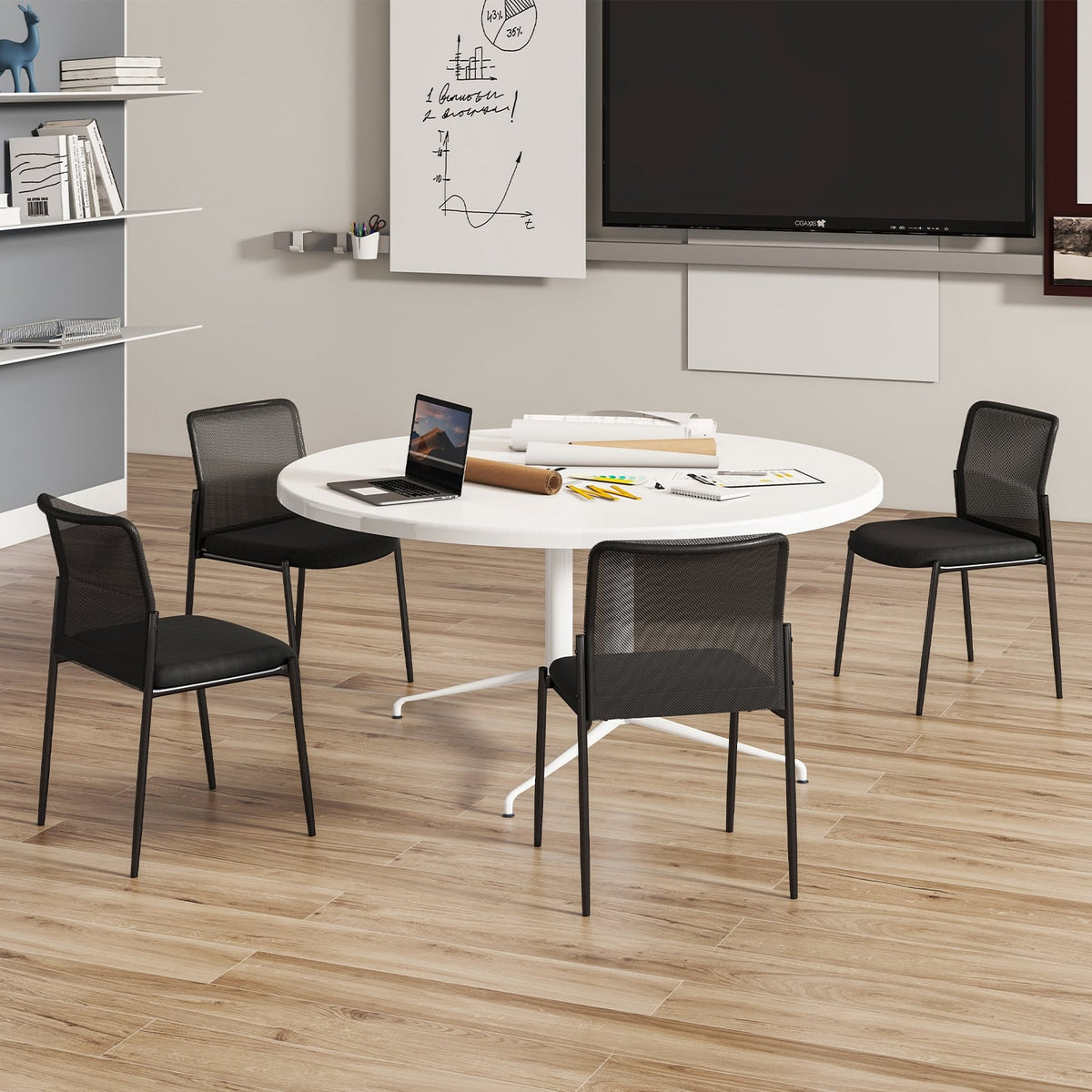 Waiting Room Chair Set of 2 with Ergonomic Mesh Backrest and Padded Seat-Black-Conference Chairs-DECOROLALA