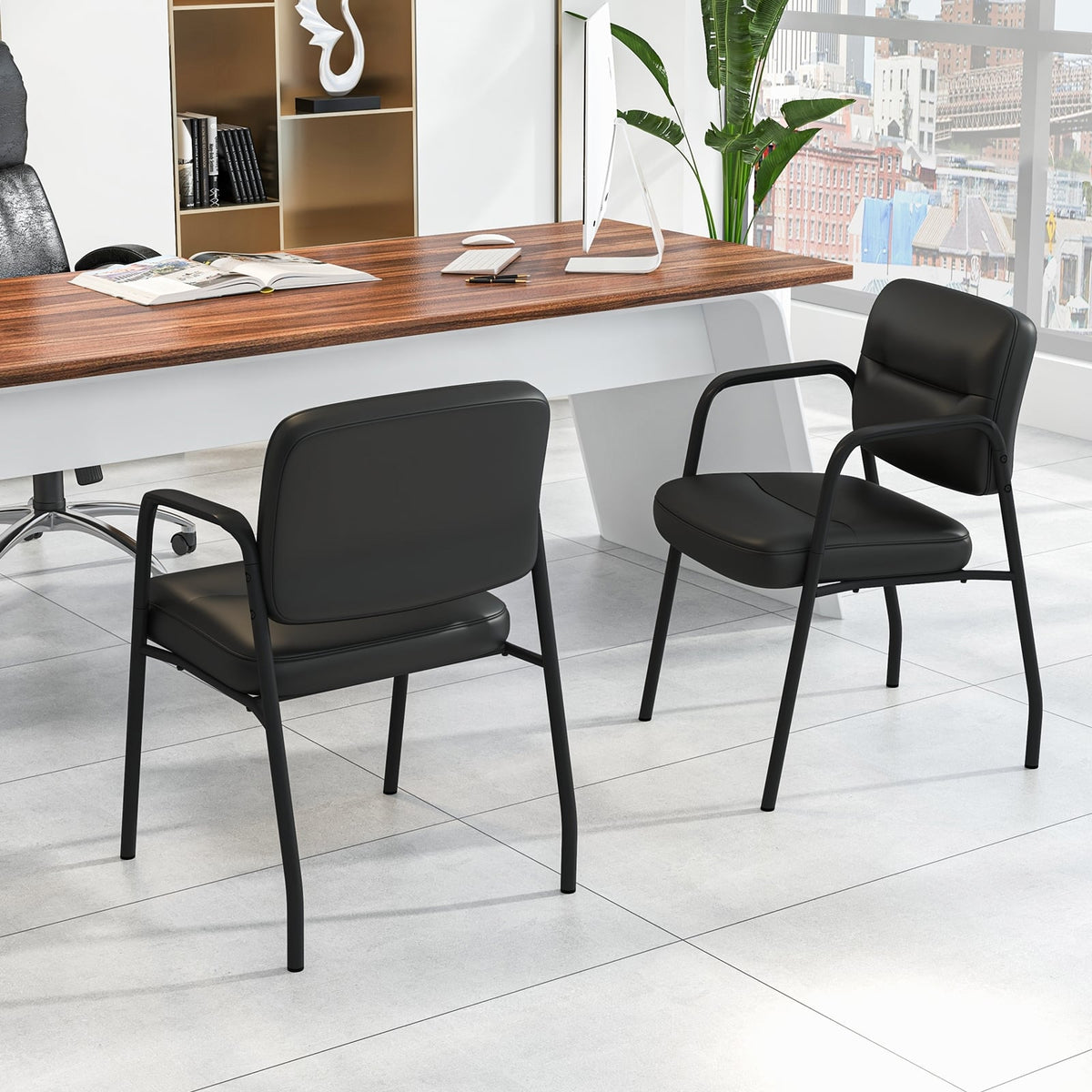 Waiting Room Guest Chair Set of 2 Upholstered Reception Chairs with Mixed PU Leather and Integrated Armrests-Black-Conference Chairs-DECOROLALA