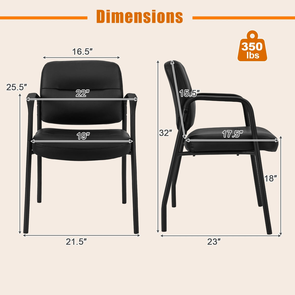 Waiting Room Guest Chair Set of 2 Upholstered Reception Chairs with Mixed PU Leather and Integrated Armrests-Black-Conference Chairs-DECOROLALA