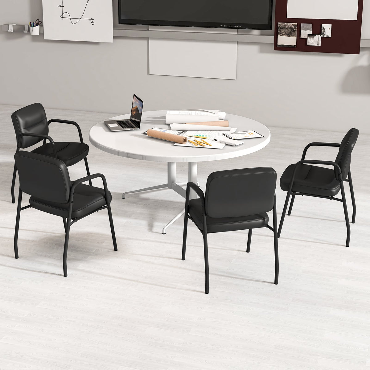 Waiting Room Guest Chair Set of 2 Upholstered Reception Chairs with Mixed PU Leather and Integrated Armrests-Black-Conference Chairs-DECOROLALA