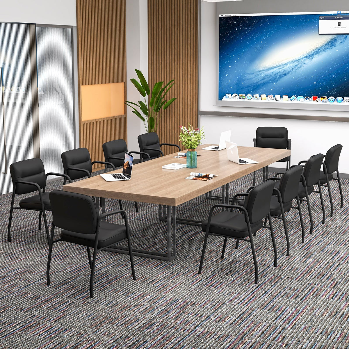 Waiting Room Guest Chair Set of 2 Upholstered Reception Chairs with Mixed PU Leather and Integrated Armrests-Black-Conference Chairs-DECOROLALA