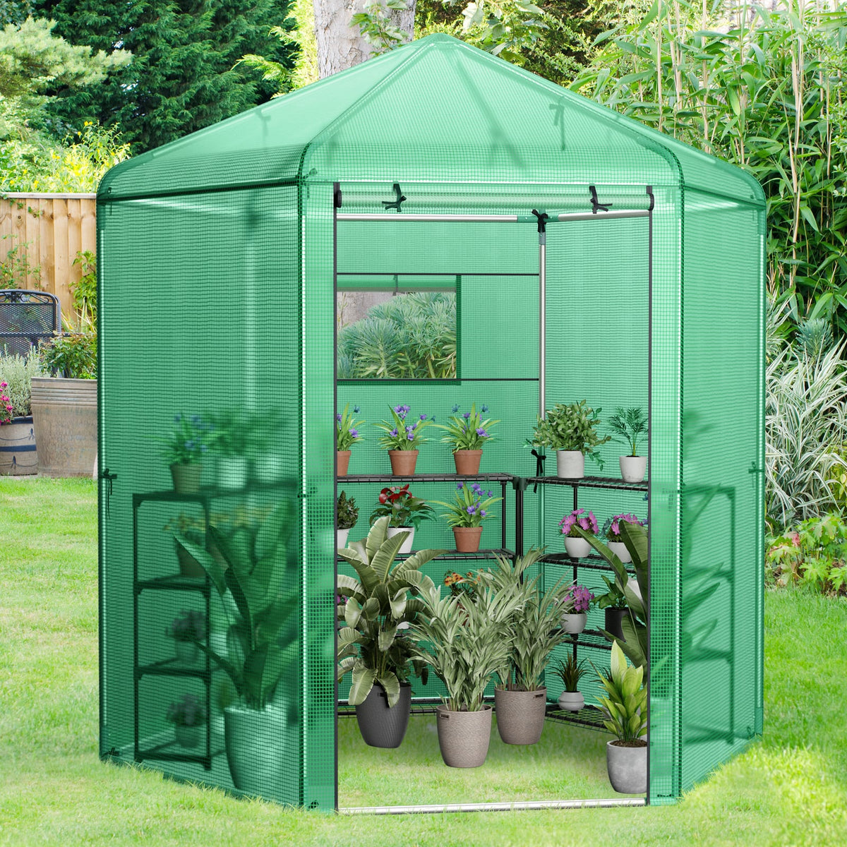 Walk-In Hexagonal Greenhouse with PE Cover and Metal Frame-Greenhouses-DECOROLALA